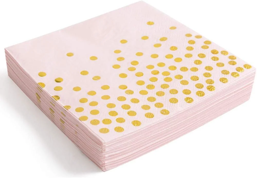 Disposable Paper Plate Napkin Sets - Party Items, Pink with Gold Dots 25 Dinner Plates 25 Dessert Plates 25 Napkins