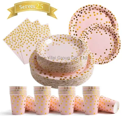 Ensembles de serviettes en papier jetables - Articles de fête, rose à pois dorés 25 assiettes plates 25 assiettes à dessert 25 serviettes