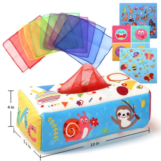 Boîte à mouchoirs magique pour bébés Jouets Montessori Jouets sensoriels pour bébés avec papier froissé et jonglage Écharpes de danse arc-en-ciel pour les tout-petits